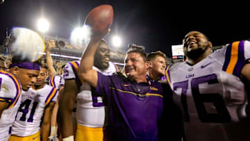 Oct 1, 2016; Baton Rouge, LA, USA; LSU Tigers interim head coach Ed Orgeron celebrates following a win in his first game against the Missouri Tigers at Tiger Stadium. LSU defeated Missouri 42-7. Mandatory Credit: Derick E. Hingle-USA TODAY Sports