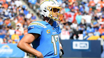 CARSON, CALIFORNIA - OCTOBER 06: Philip Rivers #17 of the Los Angeles Chargers looks on from the sidelines during a 20-13 loss to the Denver Broncos at Dignity Health Sports Park on October 06, 2019 in Carson, California. (Photo by Harry How/Getty Images)