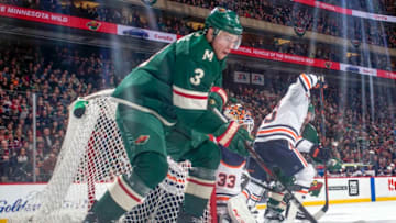 ST. PAUL, MN - APRIL 2: Charlie Coyle #3 of the Minnesota Wild handles the puck against the Edmonton Oilers during the game at the Xcel Energy Center on April 2, 2018 in St. Paul, Minnesota. (Photo by Bruce Kluckhohn/NHLI via Getty Images)