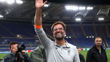 ROME, ITALY - MAY 02: Jurgan Klopp manager of Liverpool celebrates after the full time whistle during the UEFA Champions League Semi Final Second Leg match between A.S. Roma and Liverpool at Stadio Olimpico on May 2, 2018 in Rome, Italy. (Photo by Julian Finney/Getty Images)