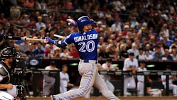 Jul 19, 2016; Phoenix, AZ, USA; Toronto Blue Jays third baseman Josh Donaldson (20) singles against the Arizona Diamondbacks in the third inning at Chase Field. Mandatory Credit: Matt Kartozian-USA TODAY Sports