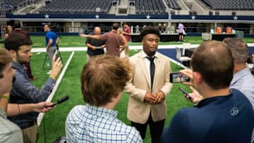 University of Kansas running back Devin Neal speaks to the media during the first day of Big 12 Media Days in AT&T Stadium in Arlington, Texas, July 12, 2023.