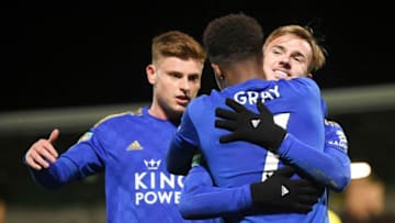 BURTON-UPON-TRENT, ENGLAND - OCTOBER 29: James Maddison of Leicester City celebrates after scoring his team's third goal with Harvey Barnes and Demarai Gray during the Carabao Cup Round of 16 match between Burton Albion and Leicester City at Pirelli Stadium on October 29, 2019 in Burton-upon-Trent, England. (Photo by Michael Regan/Getty Images)