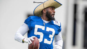 May 27, 2021; Indianapolis, Indiana, USA; Indianapolis Colts outside linebacker Darius Leonard (53) works out during Indianapolis Colts OTAs. Mandatory Credit: Trevor Ruszkowski-USA TODAY Sports