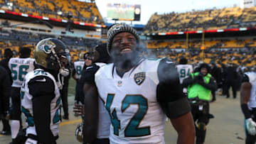 PITTSBURGH, PA - JANUARY 14: Barry Church #42 of the Jacksonville Jaguars reacts against the Pittsburgh Steelers during the second half of the AFC Divisional Playoff game at Heinz Field on January 14, 2018 in Pittsburgh, Pennsylvania. (Photo by Rob Carr/Getty Images)