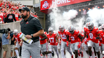 COLUMBUS, OHIO - SEPTEMBER 10: Coach Ryan Day of the Ohio State Buckeyes takes the field with the team before playing the Arkansas State Red Wolves at Ohio Stadium on September 10, 2022 in Columbus, Ohio. (Photo by Gaelen Morse/Getty Images)