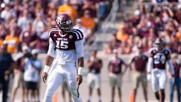 Oct 8, 2016; College Station, TX, USA; Texas A&M Aggies defensive lineman Myles Garrett (15) in action during the game against the Tennessee Volunteers at Kyle Field. The Aggies defeat the Volunteers 45-38 in overtime. Mandatory Credit: Jerome Miron-USA TODAY Sports