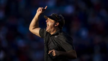 JACKSONVILLE, FLORIDA - OCTOBER 30: head coach Kirby Smart of the Georgia Bulldogs reacts during the third quarter of a game against the Florida Gators at TIAA Bank Field on October 30, 2021 in Jacksonville, Florida. (Photo by James Gilbert/Getty Images)