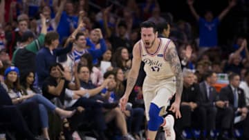PHILADELPHIA, PA - APRIL 14: JJ Redick #17 of the Philadelphia 76ers reacts after making a three point basket in the fourth quarter against the Miami Heat during Game One of the first round of the 2018 NBA Playoff at Wells Fargo Center on April 14, 2018 in Philadelphia, Pennsylvania. The 76ers defeated the Heat 130-103. NOTE TO USER: User expressly acknowledges and agrees that, by downloading and or using this photograph, User is consenting to the terms and conditions of the Getty Images License Agreement. (Photo by Mitchell Leff/Getty Images)