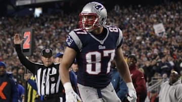 Nov 18, 2012; Foxborough, MA, USA; New England Patriots tight end Rob Gronkowski (87) reacts after his touchdown against the Indianapolis Colts during the first quarter at Gillette Stadium. The Patriots defeated the Indianapolis Colts 59-24. Mandatory Credit: David Butler II-USA TODAY Sports