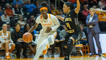KNOXVILLE, TN - NOVEMBER 20: Tennessee Lady Volunteers guard/forward Rennia Davis (0) drives past Wichita State Shockers guard Diamond Lockhart (4) during a game between the Wichita State Shockers and Tennessee Lady Volunteers on November 20, 2017, at Thompson-Boling Arena in Knoxville, TN. Tennessee defeated the Shockers 68-56. (Photo by Bryan Lynn/Icon Sportswire via Getty Images)