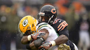 CHICAGO, IL - NOVEMBER 12: Christian Jones #52 of the Chicago Bears hits Ty Montgomery #88 of the Green Bay Packers in the second quarter at Soldier Field on November 12, 2017 in Chicago, Illinois. (Photo by Stacy Revere/Getty Images)