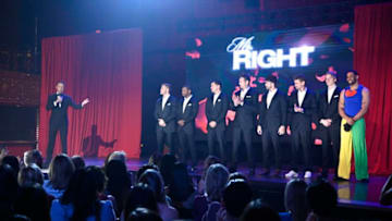 THE BACHELORETTE - "1502" - Hannah's search for love is anything but a drag when world famous drag queens Alaska and Alyssa Edwards, and renowned runway coach Miss J. Alexander ("America's Next Top Model"), host a pageant for eight hopeful bachelors vying for the coveted title of the Bachelorette's 'Mr. Right.' The stakes are high when one bachelor must overcome his fears and race through the mud on a one-on-one date, while eight others gear up for a hazardous roller derby competition hosted by legendary comedic actor Fred Willard and Chris Harrison, on "The Bachelorette," MONDAY, MAY 20 (8:00-10:01 p.m. EDT), on The ABC Television Network. (ABC/John Fleenor)CHRIS HARRISON, LUKE P., JONATHAN, DYLAN, GRANT, JED, LUKE S., JOHN PAUL JONES, MIKE