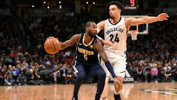DENVER, CO - JANUARY 12: Will Barton #5 of the Denver Nuggets drives against Dillon Brooks #24 of the Memphis Grizzlies at Pepsi Center on January 12, 2018 in Denver, Colorado. NOTE TO USER: User expressly acknowledges and agrees that, by downloading and or using this photograph, User is consenting to the terms and conditions of the Getty Images License Agreement. (Photo by Jamie Schwaberow/Getty Images)