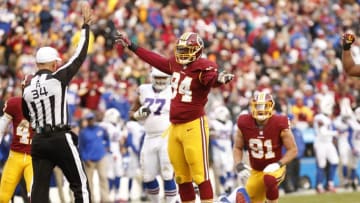 Dec 20, 2015; Landover, MD, USA; Washington Redskins linebacker Preston Smith (94) celebrates after sacking Buffalo Bills quarterback Tyrod Taylor (5) in the fourth quarter at FedEx Field. The Redskins won 35-25. Mandatory Credit: Geoff Burke-USA TODAY Sports