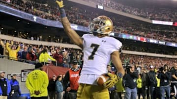 Oct 31, 2015; Philadelphia, PA, USA; Notre Dame Fighting Irish wide receiver Will Fuller (7) reacts after scoring a touchdown against the Temple Owls during the second half at Lincoln Financial Field. Notre Dame won the game 24-20. Mandatory Credit: Derik Hamilton-USA TODAY Sports