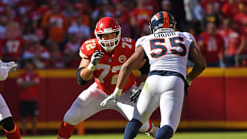KANSAS CITY, MO - OCTOBER 28: Offensive tackle Eric Fisher #72 of the Kansas City Chiefs gets set to block Linebacker Bradley Chubb #55 of the Denver Broncos during the first half on October 28, 2018 at Arrowhead Stadium in Kansas City, Missouri. (Photo by Peter G. Aiken/Getty Images)