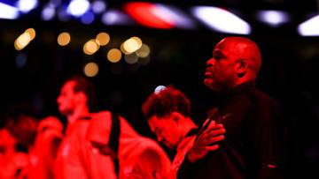 ATLANTA, GA - MARCH 20: Head Coach Nate McMillan of the Atlanta Hawks is seen during the national anthem before a game against the New Orleans Pelicans at State Farm Arena on March 20, 2022 in Atlanta, Georgia. NOTE TO USER: User expressly acknowledges and agrees that, by downloading and or using this photograph, User is consenting to the terms and conditions of the Getty Images License Agreement. (Photo by Casey Sykes/Getty Images)