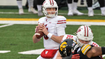Dec 12, 2020; Iowa City, Iowa, USA; Wisconsin Badgers quarterback Graham Mertz (5) prepares to throw a pass against the Iowa Hawkeyes during the first quarter at Kinnick Stadium. Mandatory Credit: Jeffrey Becker-USA TODAY Sports