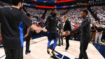 SALT LAKE CITY, UT - APRIL 23: Paul George #13 of the Oklahoma City Thunder high fives his teammates before the game against the Utah Jazz in Game Four of Round One of the 2018 NBA Playoffs on April 23, 2018 at vivint.SmartHome Arena in Salt Lake City, Utah. NOTE TO USER: User expressly acknowledges and agrees that, by downloading and/or using this Photograph, user is consenting to the terms and conditions of the Getty Images License Agreement. Mandatory Copyright Notice: Copyright 2018 NBAE (Photo by Garrett Ellwood/NBAE via Getty Images)