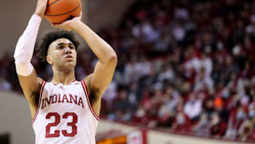 BLOOMINGTON, INDIANA - FEBRUARY 15: Trayce Jackson-Davis #23 of the Indiana Hoosiers against the Wisconsin Badgers at Simon Skjodt Assembly Hall on February 15, 2022 in Bloomington, Indiana. (Photo by Andy Lyons/Getty Images)