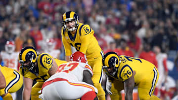 LOS ANGELES, CA - NOVEMBER 19: Jared Goff #16 of the Los Angeles Rams yells to his team during the first quarter of the game against the Kansas City Chiefs at Los Angeles Memorial Coliseum on November 19, 2018 in Los Angeles, California. (Photo by Kevork Djansezian/Getty Images)