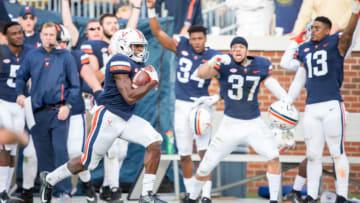 ATLANTA, GA - NOVEMBER 17: Wide receiver Joe Reed #2 of the Virginia Cavaliers runs the ball down the sidelines during the first quarter of their game against the Georgia Tech Yellow Jackets at Bobby Dodd Stadium on November 17, 2018 in Atlanta, Georgia. (Photo by Michael Chang/Getty Images)