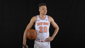 TARRYTOWN, NY - AUGUST 12: Kevin Knox #20 of the New York Knicks poses for a portrait during the 2018 NBA Rookie Photo Shoot on August 12, 2018 at the Madison Square Garden Training Facility in Tarrytown, New York. NOTE TO USER: User expressly acknowledges and agrees that, by downloading and or using this photograph, User is consenting to the terms and conditions of the Getty Images License Agreement. Mandatory Copyright Notice: Copyright 2018 NBAE (Photo by Brian Babineau/NBAE via Getty Images)