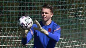 KRANJ, SLOVENIA - MARCH 30: Josh Griffiths of England collects the ball during an England Under-21 Training Session at NNC Brdo on March 30, 2021 in Kranj, Slovenia. (Photo by Jurij Kodrun/Getty Images)