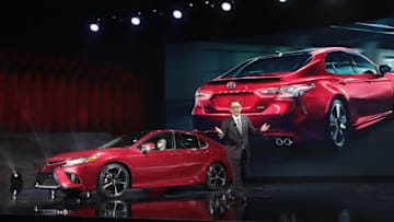 DETROIT, MI - JANUARY 09: Akio Toyoda, President and member of the board of directors at Toyota, introduces the all-new 2018 Camry at the North American International Auto Show (NAIAS) on January 9, 2017 in Detroit, Michigan. The show is open to the public from January 14-22. (Photo by Scott Olson/Getty Images)