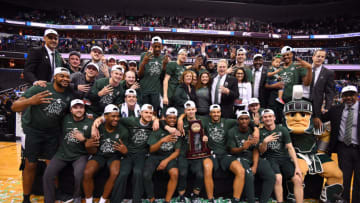 WASHINGTON, DC - MARCH 31: The Michigan State Spartans celebrate their victory over the Duke Blue Devils in the Elite Eight round of the 2019 NCAA Men's Basketball Tournament held at Capital One Arena on March 31, 2019 in Washington, DC. (Photo by Jamie Schwaberow/NCAA Photos via Getty Images)