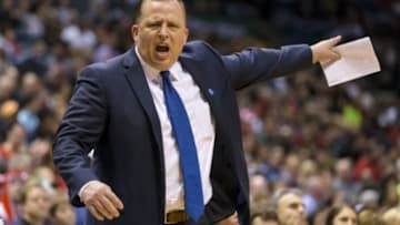 Apr 1, 2015; Milwaukee, WI, USA; Chicago Bulls head coach Tom Thibodeau reacts to a call during the third quarter against the Milwaukee Bucks at BMO Harris Bradley Center. Mandatory Credit: Jeff Hanisch-USA TODAY Sports