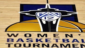 Mar 5, 2016; Seattle , WA, USA; General view of the Pac-12 womens tournament center court logo with the outline of the Space Needle at KeyArena. Mandatory Credit: Kirby Lee-USA TODAY Sports