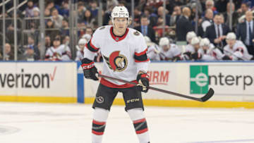 Mar 2, 2023; New York, New York, USA; Ottawa Senators defenseman Jakob Chychrun (6) looks up ice during the first period against the New York Rangers at Madison Square Garden. Mandatory Credit: Vincent Carchietta-USA TODAY Sports
