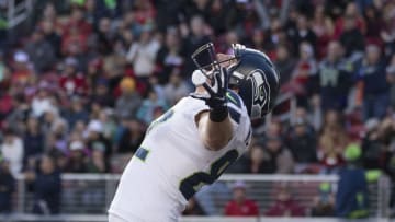 January 1, 2017; Santa Clara, CA, USA; Seattle Seahawks tight end Luke Willson (82) celebrates after scoring a touchdown against the San Francisco 49ers during the second quarter at Levi