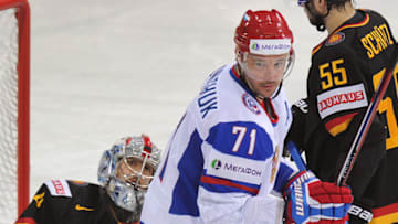 Russia's Ilya Kovalchuck (L) reacts during the preliminary round match Germany vs Russia of the IIHF International Ice Hockey World Championship in Helsinki on May 5, 2013. AFP PHOTO/ ALEXANDER NEMENOV RESTRICTED TO EDITORIAL USE (Photo credit should read ALEXANDER NEMENOV/AFP/Getty Images)