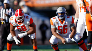 American squad offensive lineman Jamaree Salyer of Georgia (68) and offensive lineman Dylan Parham of Memphis (56) Mandatory Credit: Nathan Ray Seebeck-USA TODAY Sports