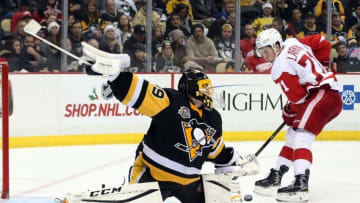 Dec 3, 2016; Pittsburgh, PA, USA; Pittsburgh Penguins goalie Marc-Andre Fleury (29) defends the net against Detroit Red Wings center Dylan Larkin (71) during the third period at the PPG PAINTS Arena. Pittsburgh won 5-3. Mandatory Credit: Charles LeClaire-USA TODAY Sports