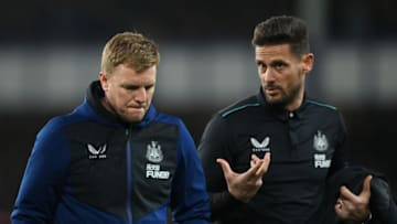 LIVERPOOL, ENGLAND - MARCH 17: Eddie Howe, Manager of Newcastle United interacts Jason Tindall, Assistant Head Coach during the Premier League match between Everton and Newcastle United at Goodison Park on March 17, 2022 in Liverpool, England. (Photo by Stu Forster/Getty Images)