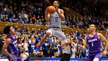 Duke basketball freshman Cassius Stanley #2 drives between DeAndre Jones #55 and Rylan Bergersen #1 of the Central Arkansas Bears during the second half of their game at Cameron Indoor Stadium on November 12, 2019, in Durham, North Carolina. (Photo by Grant Halverson/Getty Images)