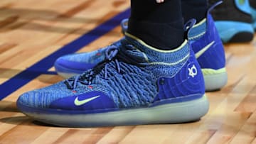 LAS VEGAS, NV - JULY 8: the sneakers worn by Jaren Jackson Jr. #13 of Memphis Grizzlies are seen against the Orlando Magic during the 2018 Las Vegas Summer League on July 8, 2018 at the Thomas & Mack Center in Las Vegas, Nevada. NOTE TO USER: User expressly acknowledges and agrees that, by downloading and/or using this Photograph, user is consenting to the terms and conditions of the Getty Images License Agreement. Mandatory Copyright Notice: Copyright 2018 NBAE (Photo by Garrett Ellwood/NBAE via Getty Images)