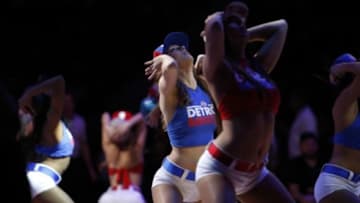 Feb 11, 2015; Auburn Hills, MI, USA; Detroit Pistons dance team performs during the third quarter against the San Antonio Spurs at The Palace of Auburn Hills. Spurs beat the Pistons 104-87. Mandatory Credit: Raj Mehta-USA TODAY Sports