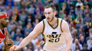 Feb 23, 2016; Salt Lake City, UT, USA; Utah Jazz forward Gordon Hayward (20) dribbles the ball during the second half against the Houston Rockets at Vivint Smart Home Arena. Utah won in overtime 117-114. Mandatory Credit: Russ Isabella-USA TODAY Sports