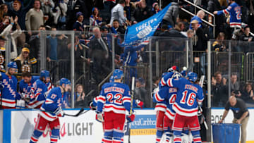 NEW YORK, NY - FEBRUARY 06: The New York Rangers celebrate after defeating the Boston Bruins 4-3 in the shootout at Madison Square Garden on February 6, 2019 in New York City. (Photo by Jared Silber/NHLI via Getty Images)