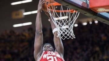 Feb 24, 2016; Iowa City, IA, USA; Wisconsin Badgers forward Khalil Iverson (21) shoots the ball against the Iowa Hawkeyes during the second half at Carver-Hawkeye Arena. Wisconsin won 67-59. Mandatory Credit: Jeffrey Becker-USA TODAY Sports