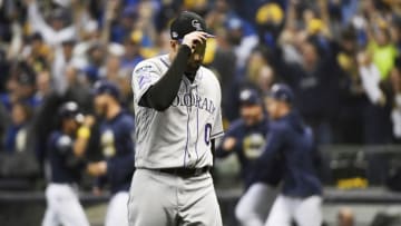 MILWAUKEE, WI - OCTOBER 04: Colorado Rockies pitcher Adam Ottavino (0) walks towards the dugout after giving up a walk off single to Milwaukee Brewers third baseman Mike Moustakas (18) in the 10th inning at Miller Park on the first game of the NLDS October 04, 2018. Milwaukee won 3-2. (Photo by Andy Cross/The Denver Post via Getty Images)