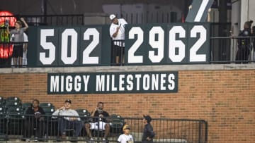 DETROIT, MICHIGAN - SEPTEMBER 01: The milestones for Miguel Cabrera #24 of the Detroit Tigers are adjusted after he hit a two-run home run against the Oakland Athletics during the bottom of the fourth inning at Comerica Park on September 01, 2021 in Detroit, Michigan. (Photo by Nic Antaya/Getty Images)