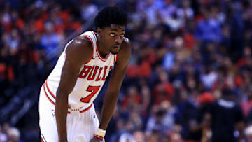 TORONTO, ON - OCTOBER 19: Justin Holiday #7 of the Chicago Bulls looks on during to the first half of an NBA game against the Toronto Raptors at Air Canada Centre on October 19, 2017 in Toronto, Canada. NOTE TO USER: User expressly acknowledges and agrees that, by downloading and or using this photograph, User is consenting to the terms and conditions of the Getty Images License Agreement. (Photo by Vaughn Ridley/Getty Images)
