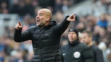NEWCASTLE UPON TYNE, ENGLAND - NOVEMBER 30: Manchester City manager Pep Guardiola gestures during the Premier League match between Newcastle United and Manchester City at St. James Park on November 30, 2019 in Newcastle upon Tyne, United Kingdom. (Photo by Ian MacNicol/Getty Images)