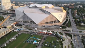 ATLANTA, GA - AUGUST 30: An aerial view of Mercedes-Benz Stadium ahead of a match between Mexico and Paraguay at Mercedes-Benz Stadium on August 30, 2022 in Atlanta, Georgia. (Photo by Omar Vega/Getty Images)